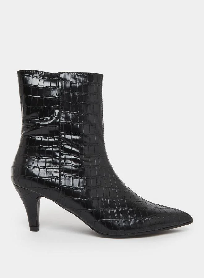Styli Women Black Croc-Embossed Ankle Boots